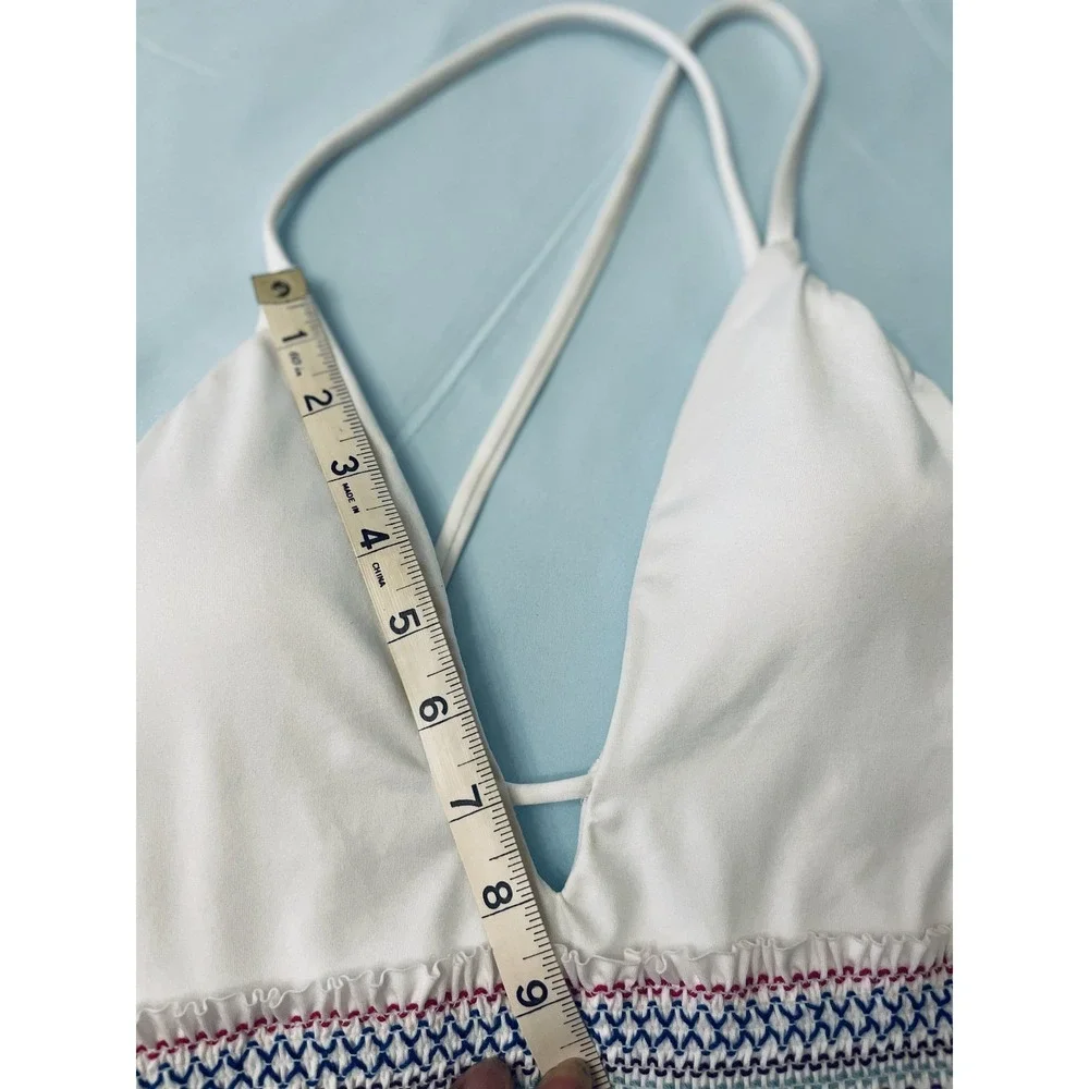 Bar III Swimsuit Womens Small White One Piece Smocked Waist Multicolor Trim Swim